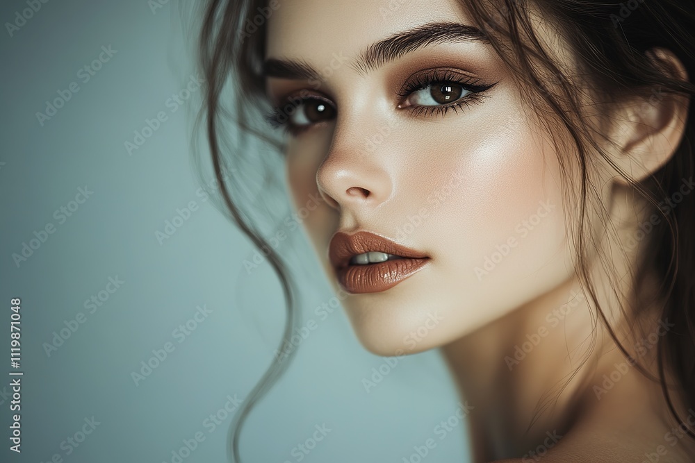 portrait of woman with natural evening makeup look featuring brown smokey eyes and glossy lips under diffused lighting portrait of woman with natural evening makeup look featuring brown smokey eyes and glossy lips under diffused lighting
