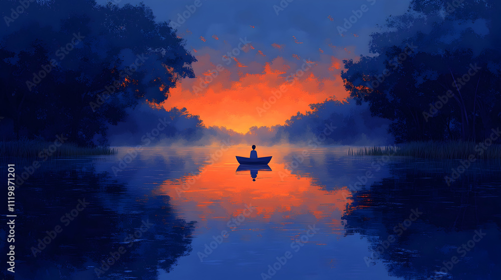 Naklejka premium Solitary figure in small boat on calm lake at sunset, surrounded by trees and mist.