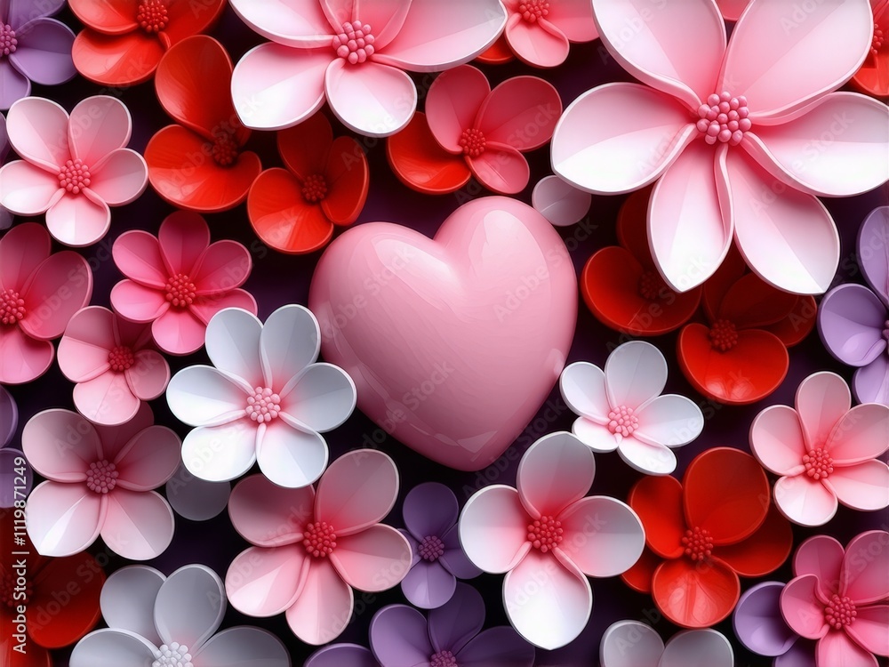 Colorful flower arrangement with a pink heart in the center, ideal for decoration or gifts Colorful flower arrangement with a pink heart in the center, ideal for decoration or gifts