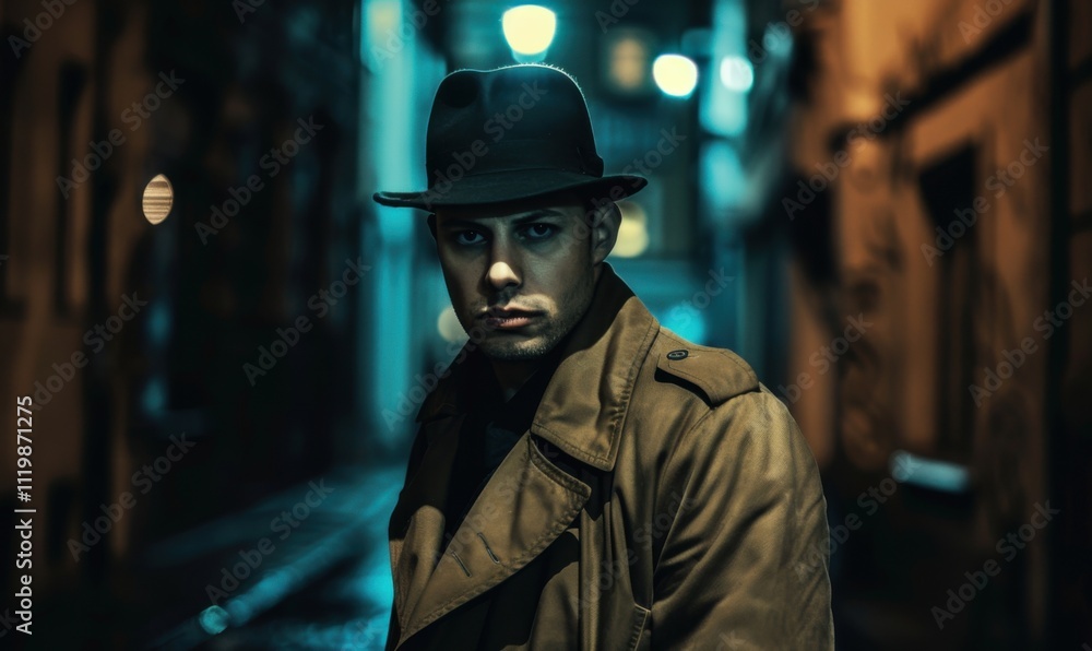Man in trench coat and hat in film noir style on dark street. Man in trench coat and hat in film noir style on dark street.
