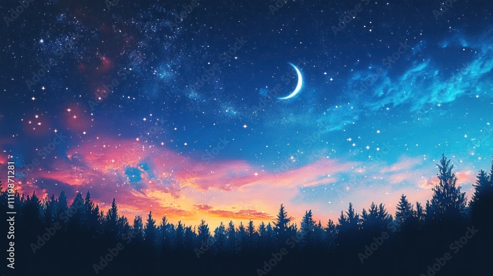 A serene night sky over a forest, featuring stars and a crescent moon. A serene night sky over a forest, featuring stars and a crescent moon.