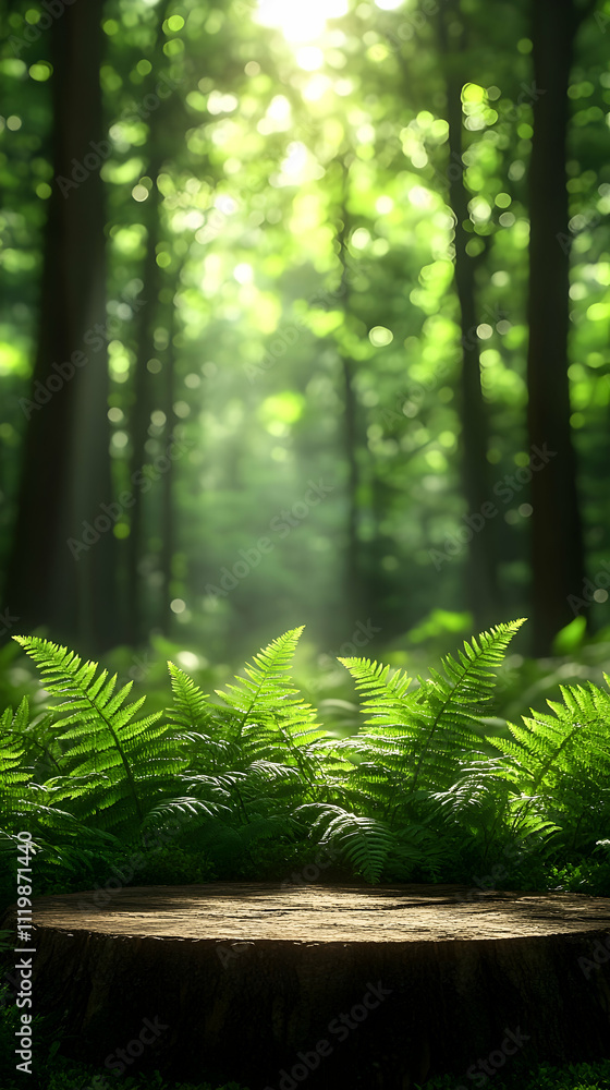 Sunlit forest scene with tree stump. Sunlit forest scene with tree stump.
