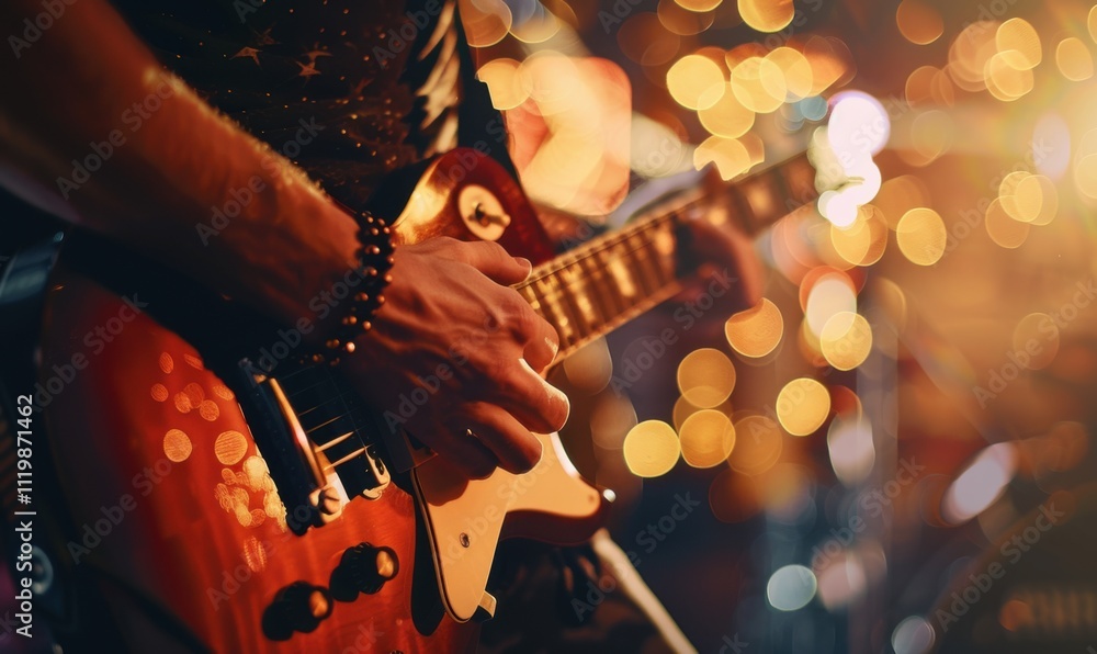 Obraz premium Man playing electric guitar on stage with bokeh lights in the background