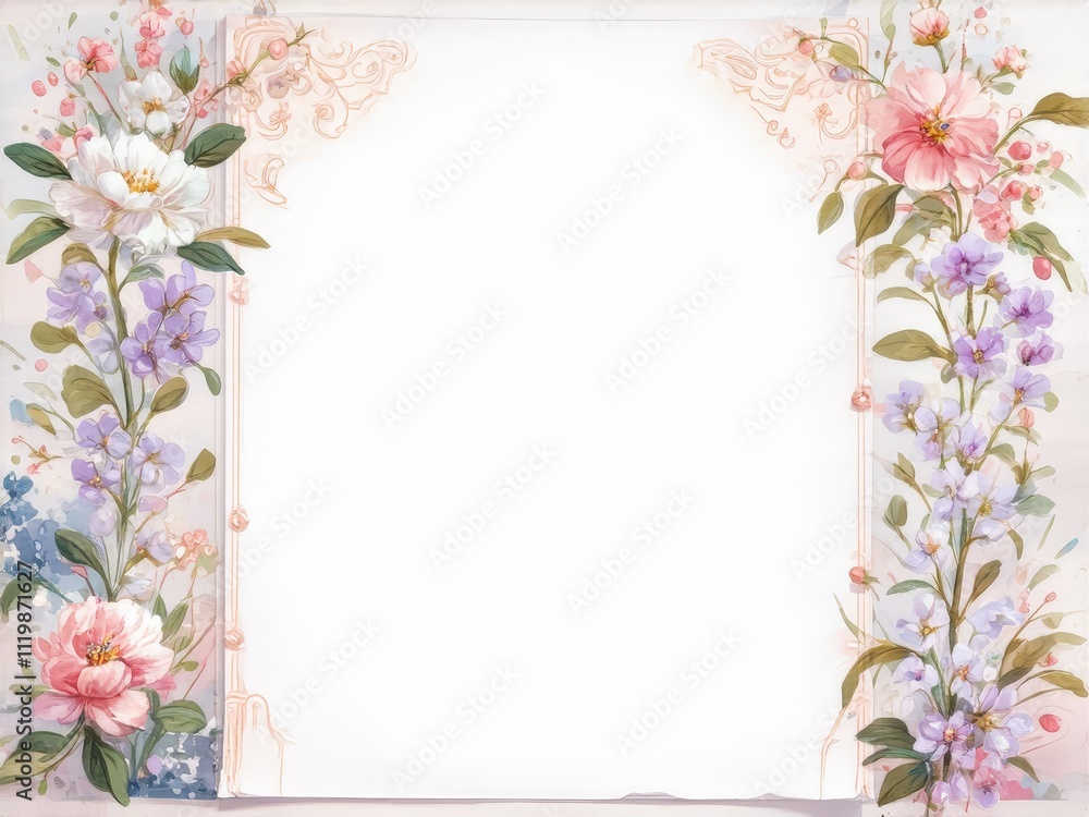 Fototapeta premium Floral border design with pastel flowers and empty center for personalized messages
