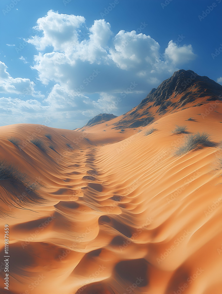 Fototapeta premium Sandy desert landscape with mountain under blue sky.