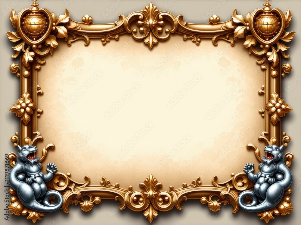 Decorative ornate frame with intricate designs and animal motifs for art presentation Decorative ornate frame with intricate designs and animal motifs for art presentation