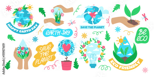 Earth Day. World environment, environmental protection, recycling symbols. Protection of planet, ECO forest, environment for children, globe logo. Vector garish element cartoon isolated illustration