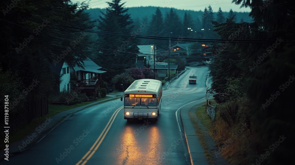 A bus travels along a winding road in a quiet, wooded area during twilight. A bus travels along a winding road in a quiet, wooded area during twilight.