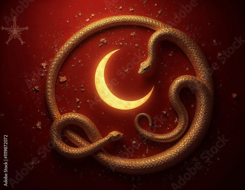 golden snakes wraapping into a circle with glowing gold crescent moon on a crimson red background with stars