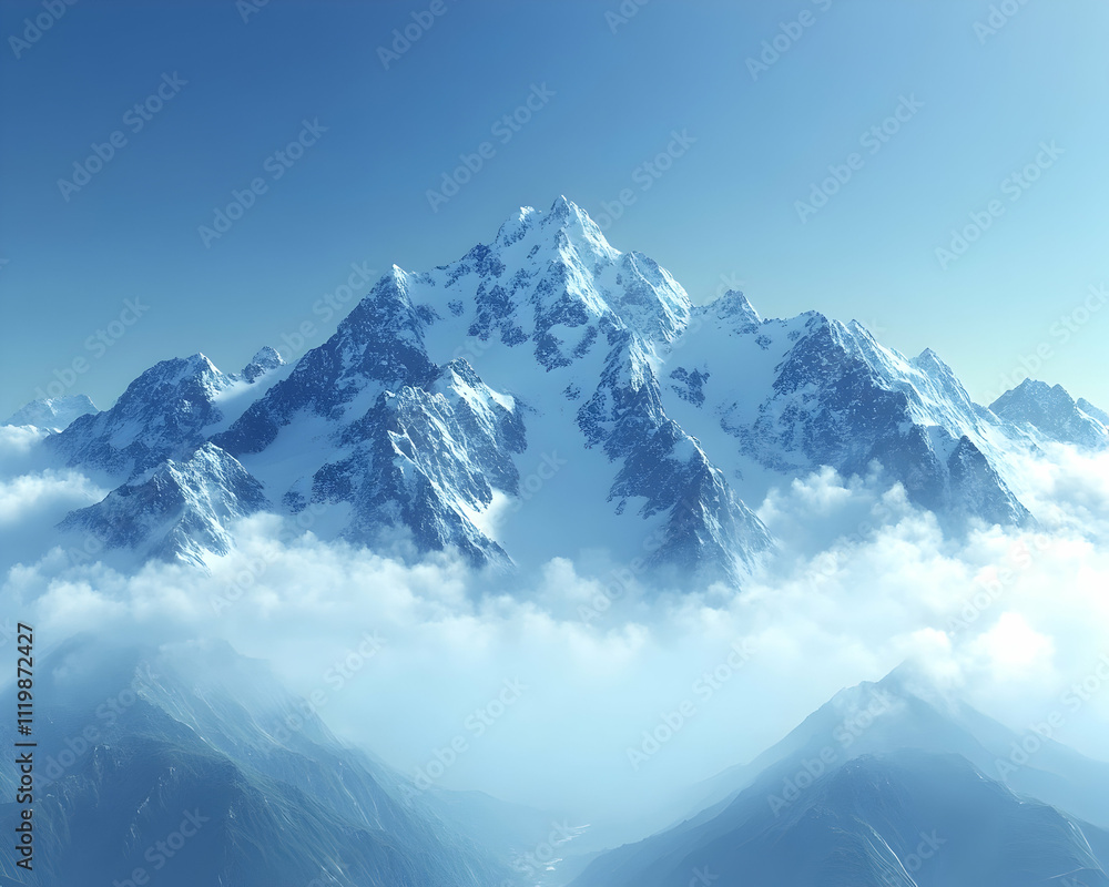 Fototapeta premium Majestic snow-capped mountain peak rising above clouds.