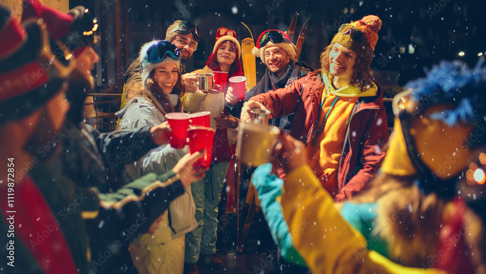 Festive vibes fill air as friends dressed in winter clothes toast together under snowfall, enjoying warm drinks and cheerful company. Concept of holidays, Christmas party. Ad Festive vibes fill air as friends dressed in winter clothes toast together under snowfall, enjoying warm drinks and cheerful company. Concept of holidays, Christmas party. Ad
