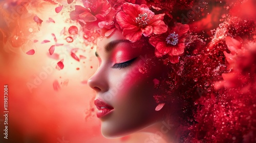 Close-up portrait of a woman with floral and red tones