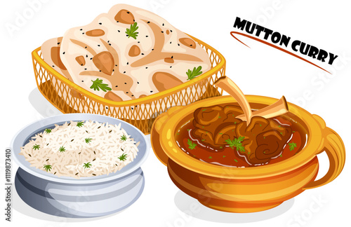 Mutton Curry with Zeera Rice and Rotis in Basket, Silver & Gold Pots. Authentic Indian Cuisine Detailed Illustration