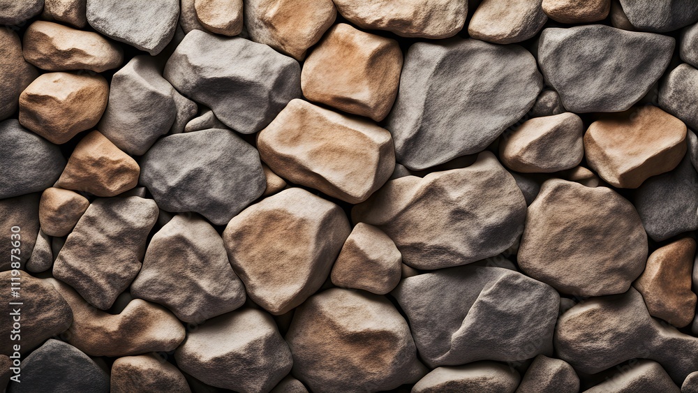 Close-up of a textured stone wall with varying shades of gray and beige rocks. Close-up of a textured stone wall with varying shades of gray and beige rocks.