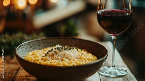 Saffron risotto with parmesan and red wine on wooden table