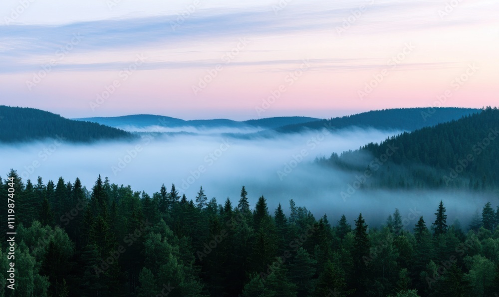 Panoramic view of forest with morning fogs Panoramic view of forest with morning fogs