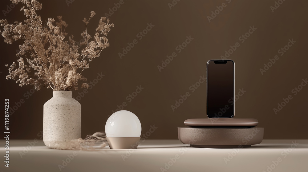 Modern home decor featuring a smartphone, a minimalist lamp, and a decorative vase with flowers on a table in soft lighting Modern home decor featuring a smartphone, a minimalist lamp, and a decorative vase with flowers on a table in soft lighting