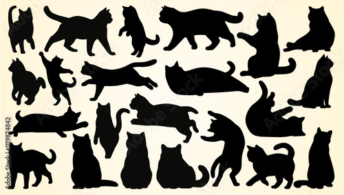 Silhouettes of cats in various poses, expressing their playful and graceful movements.