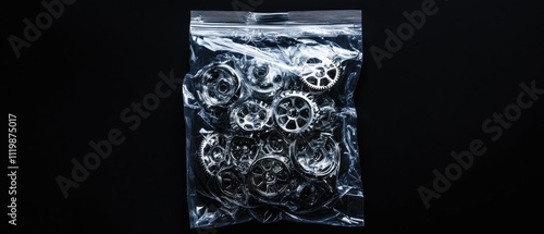 Metal gears in a transparent plastic bag on a black background.