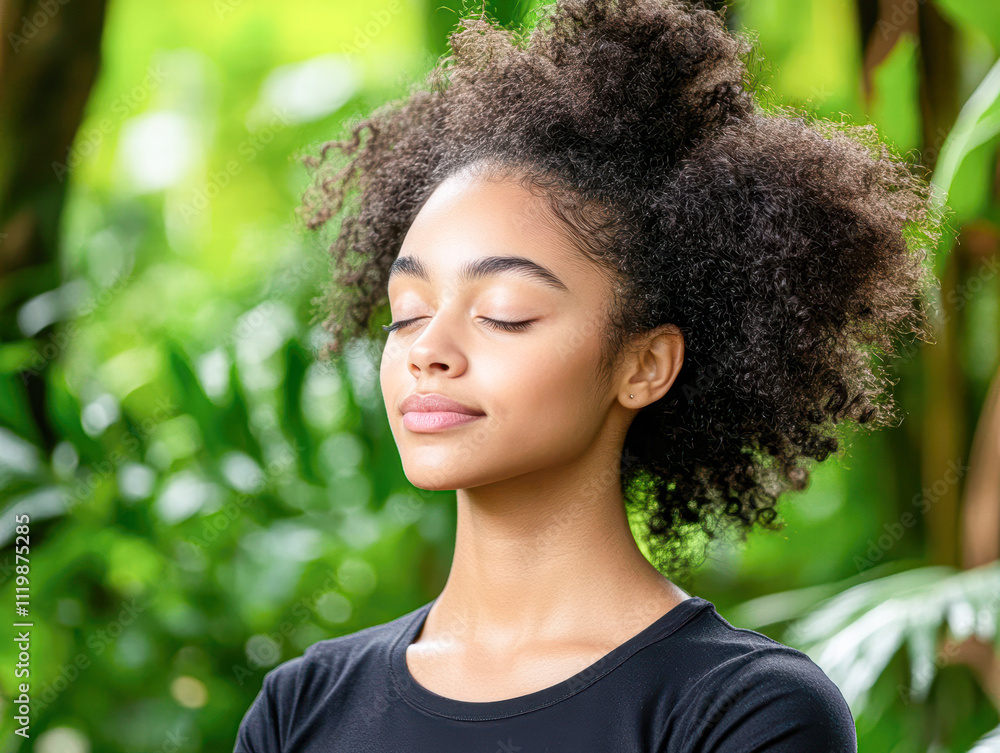 A woman with a black shirt and curly hair is sitting in a green forest A woman with a black shirt and curly hair is sitting in a green forest