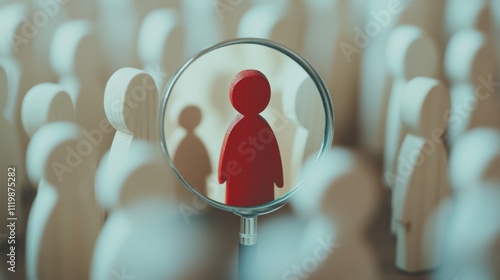 A magnifying glass highlights a red figure among wooden people, symbolizing focus and individuality.