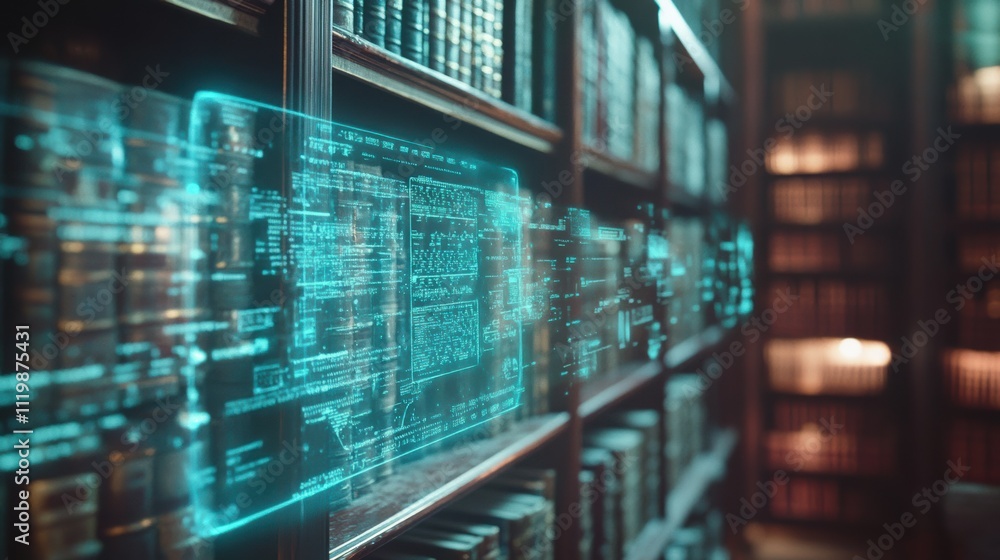 Holographic ai scanning ancient texts in library scene Holographic ai scanning ancient texts in library scene