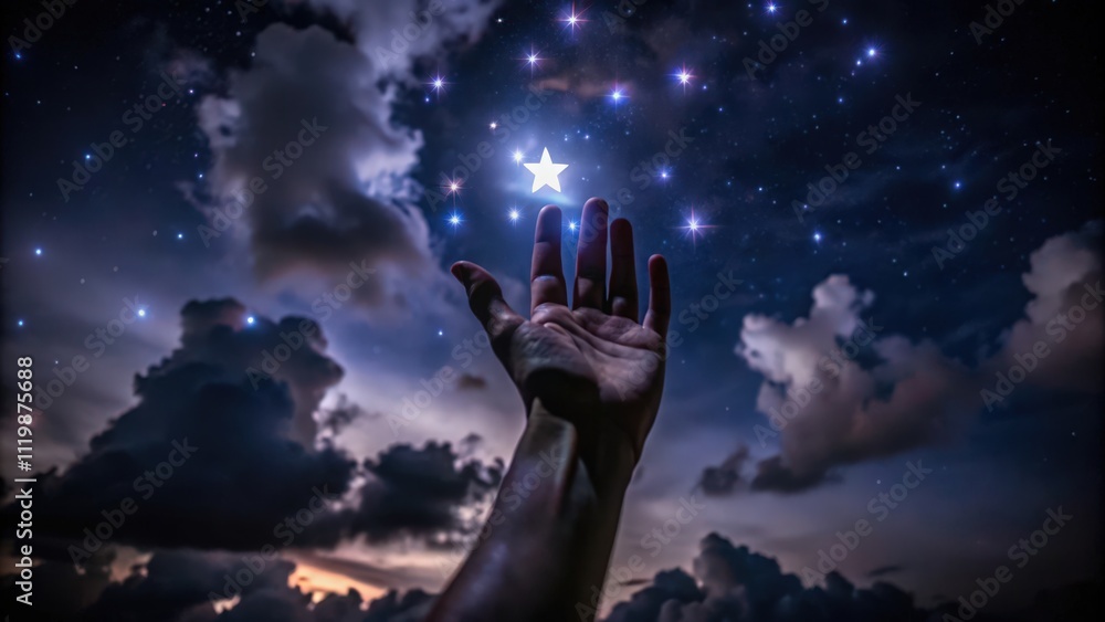 Hand Reaching for a Star in a Night Sky with Clouds Hand Reaching for a Star in a Night Sky with Clouds