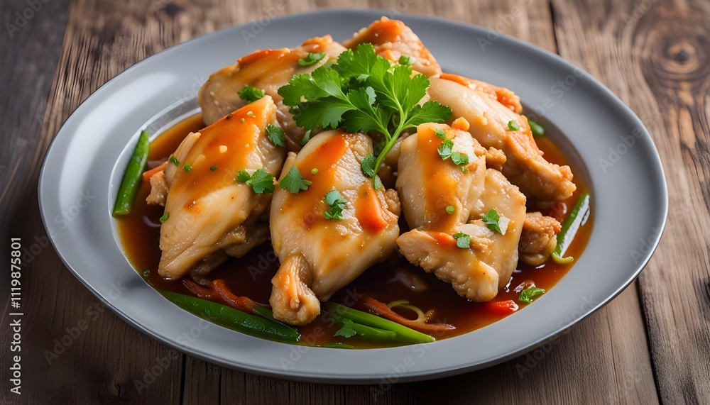 Steamed Kampong Chicken in Canton Style Served in a dish isolated on wooden background Steamed Kampong Chicken in Canton Style Served in a dish isolated on wooden background