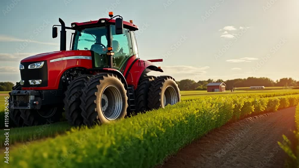 Modern tractor tending lush green fields during golden hour at a rural farm Modern tractor tending lush green fields during golden hour at a rural farm