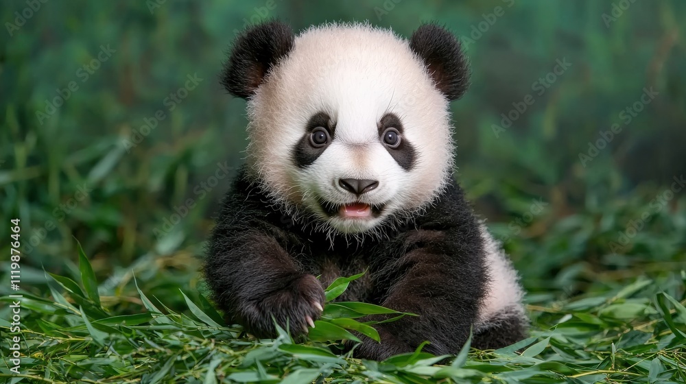 Fototapeta premium A cute panda cub playfully sits among lush green foliage, showcasing its distinctive black-and-white fur and expressive face.