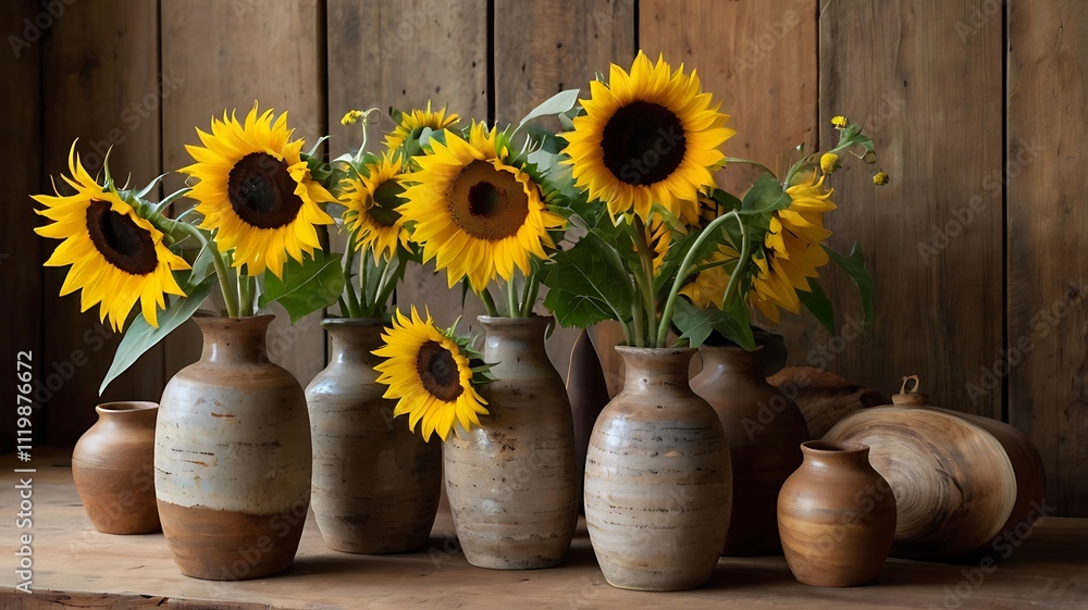 Sunflowers in Rustic Earthenware Vases Against Wooden Background Sunflowers in Rustic Earthenware Vases Against Wooden Background
