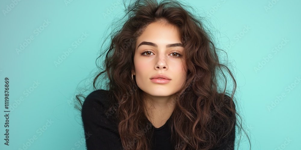 A woman with long brown hair is posing for a picture. She has a serious expression on her face A woman with long brown hair is posing for a picture. She has a serious expression on her face