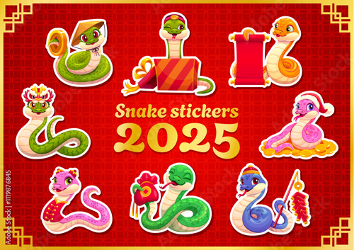 2025 Chinese lunar year cartoon snake characters, funny reptile personages. Cute cartoon serpents wearing festive hats and holding traditional Asian items. Oriental zodiac and horoscope happy animals