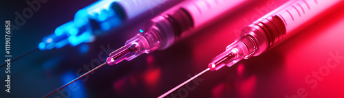 Vibrant close-up of medical syringes with colorful illumination for healthcare themes. photo