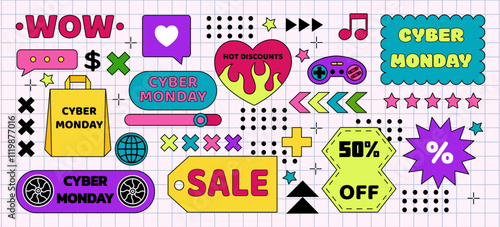Sticker groovy. Icon sale online. Label neobrutalism. Retro discount brutality. Cyber Monday geometric shape. Stars, heart and different colorful labels. Vector illustration tidy modern graphic set