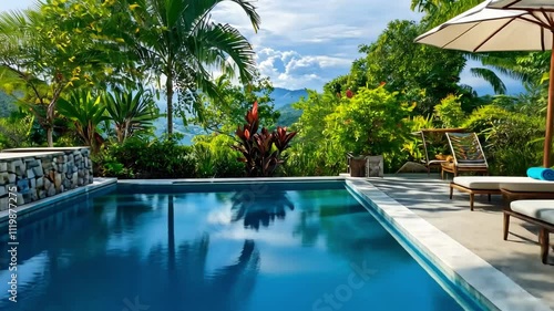 Wallpaper Mural Luxurious tropical poolside oasis with lush greenery and umbrellas emphasizing tranquil water wellness Torontodigital.ca