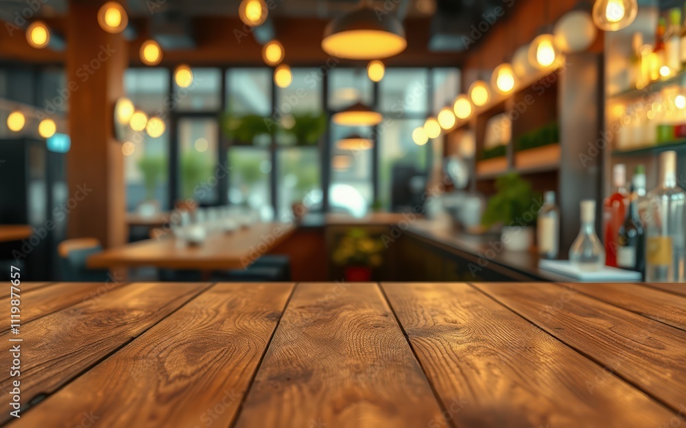 Wooden table in a cozy restaurant with warm lighting and an inviting atmosphere during evening hours Wooden table in a cozy restaurant with warm lighting and an inviting atmosphere during evening hours