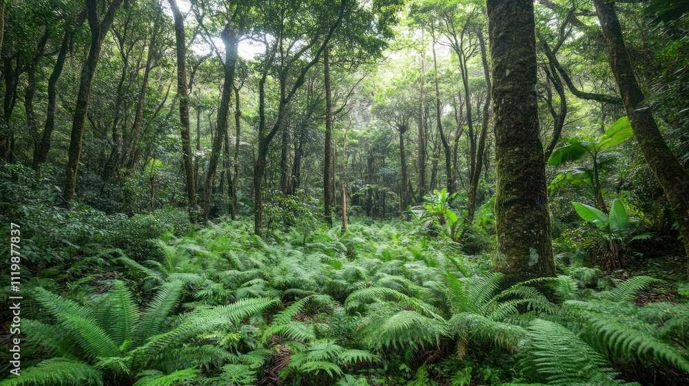 Fototapeta premium Lush green rainforest with dense foliage, sunlight filtering through canopy, ferns covering forest floor.
