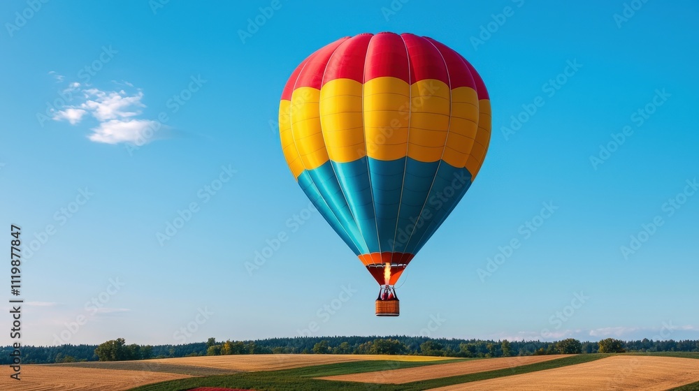 Fototapeta premium A vibrant hot air balloon floats against a clear blue sky, surrounded by golden fields, creating a picturesque outdoor scene.
