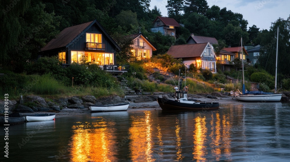 Here's a description of the image, following your specifications.. Idyllic waterfront homes illuminated at dusk, reflecting in calm water, with small boats moored nearby.