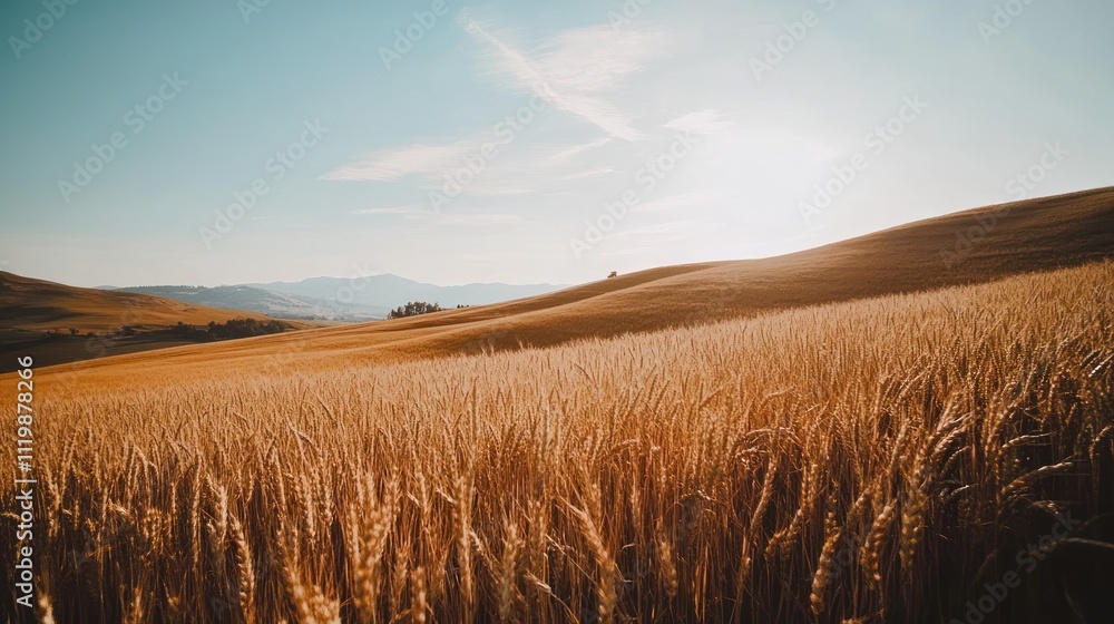 Obraz premium Golden wheat field under a clear sky, rolling hills in the background.