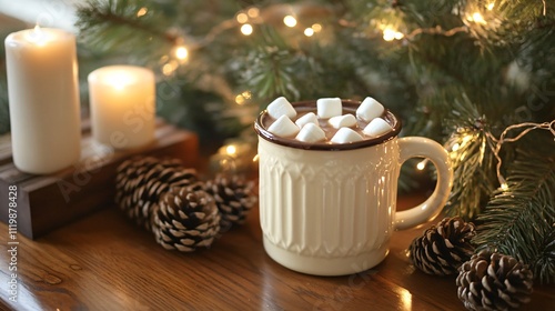 Rustic winter setting with marshmallows floating in a mug of hot cocoa, surrounded by pinecones and fairy lights