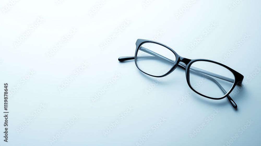 A stylish black eyeglass resting on a clean surface, perfect for eye care promotion. A stylish black eyeglass resting on a clean surface, perfect for eye care promotion.