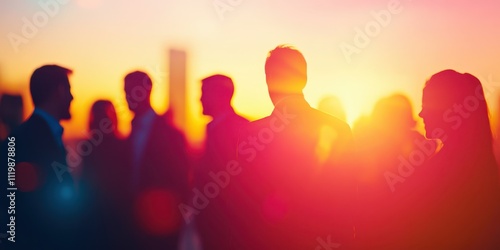 Fototapeta Naklejka Na Ścianę i Meble -  Networking event at sunset with vibrant colors and business professionals engaging