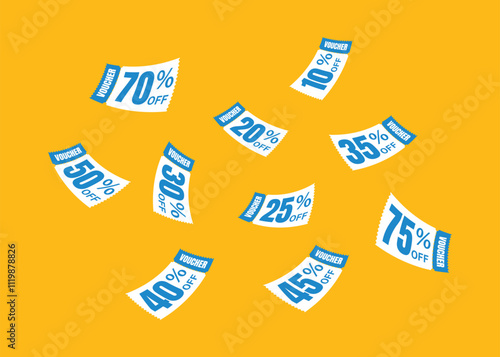 Flying red voucher with yellow background, vouchers, exchange. Discount, profitable purchases, Offers, Special premium price offers sale coupon, red vouchers. Voucher set design.