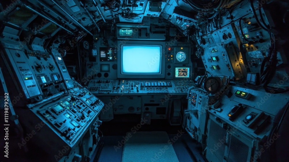 An interior view of a submarine's control room, featuring numerous buttons, levers, and a large monitor with a blank screen. An interior view of a submarine's control room, featuring numerous buttons, levers, and a large monitor with a blank screen.