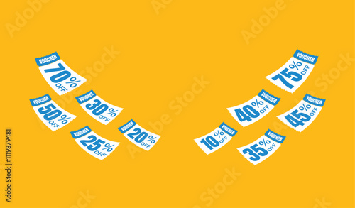 Flying red voucher with yellow background, vouchers, exchange. Discount, profitable purchases, Offers, Special premium price offers sale coupon, red vouchers. Voucher set design.