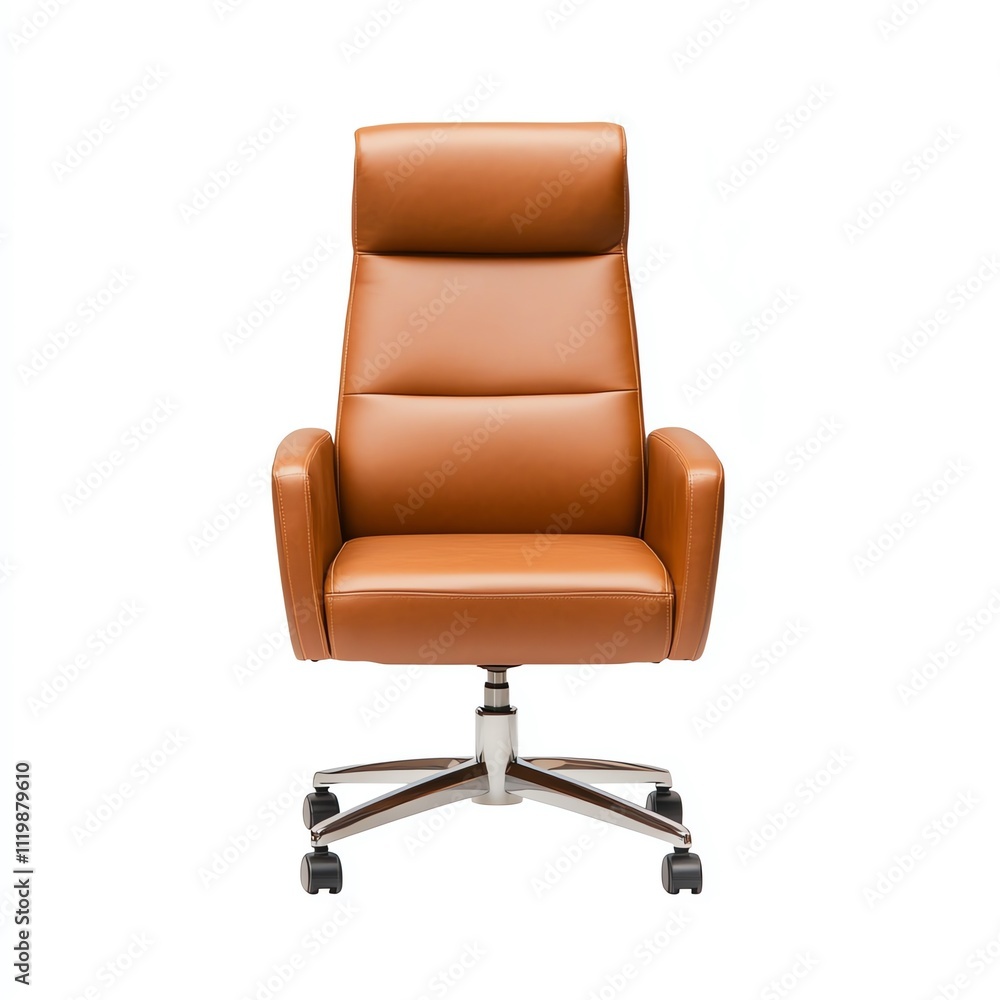 Obraz premium A sleek, modern high-back office chair in a warm brown leather finish, designed for comfort and style in professional environments.
