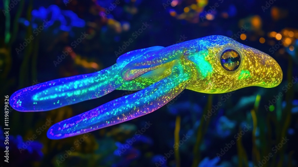 Obraz premium Bioluminescent squid swimming in dark ocean.