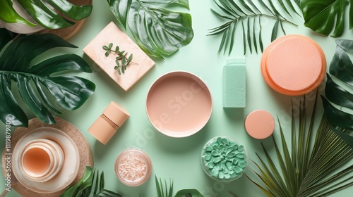 Assortment of natural skincare products surrounded by tropical leaves photo